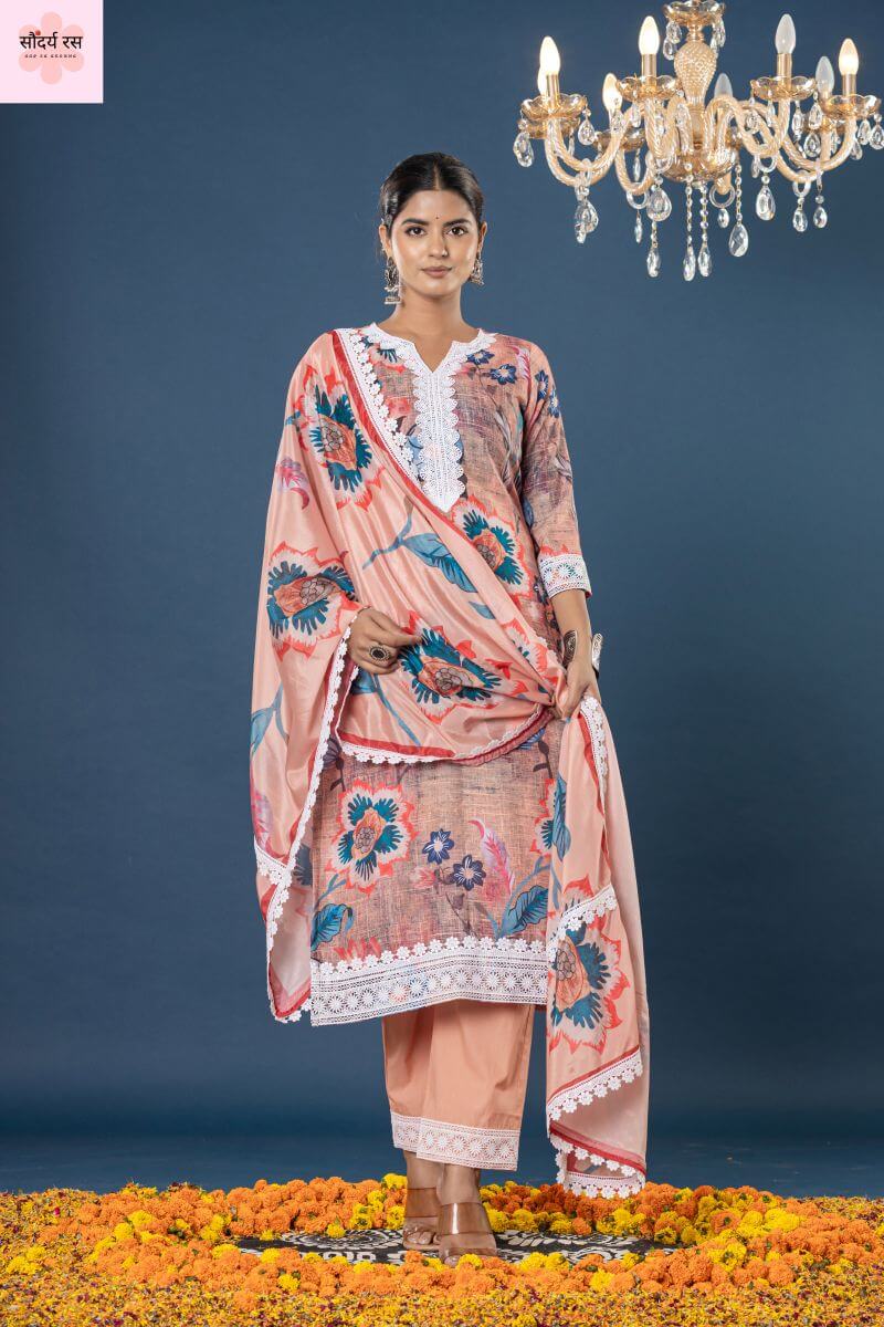 Premium Cotton Suit Set with Chinon Silk Dupatta & Lacework - Image 4