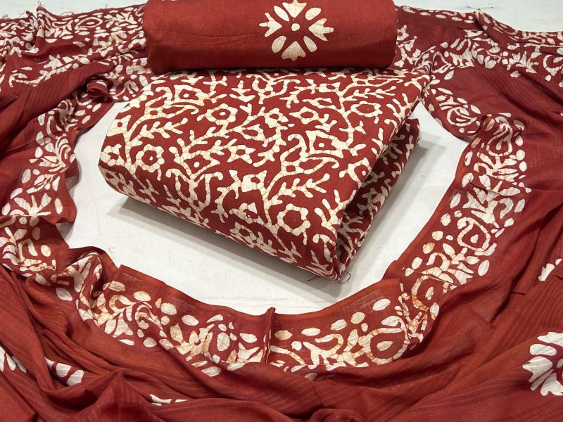 Wax Batik Pure Cotton Dress Material-Brick - Image 3