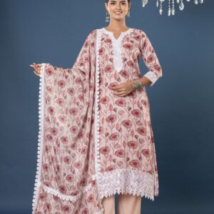 Premium Cotton Suit Set with Chinon Silk Dupatta & Lacework